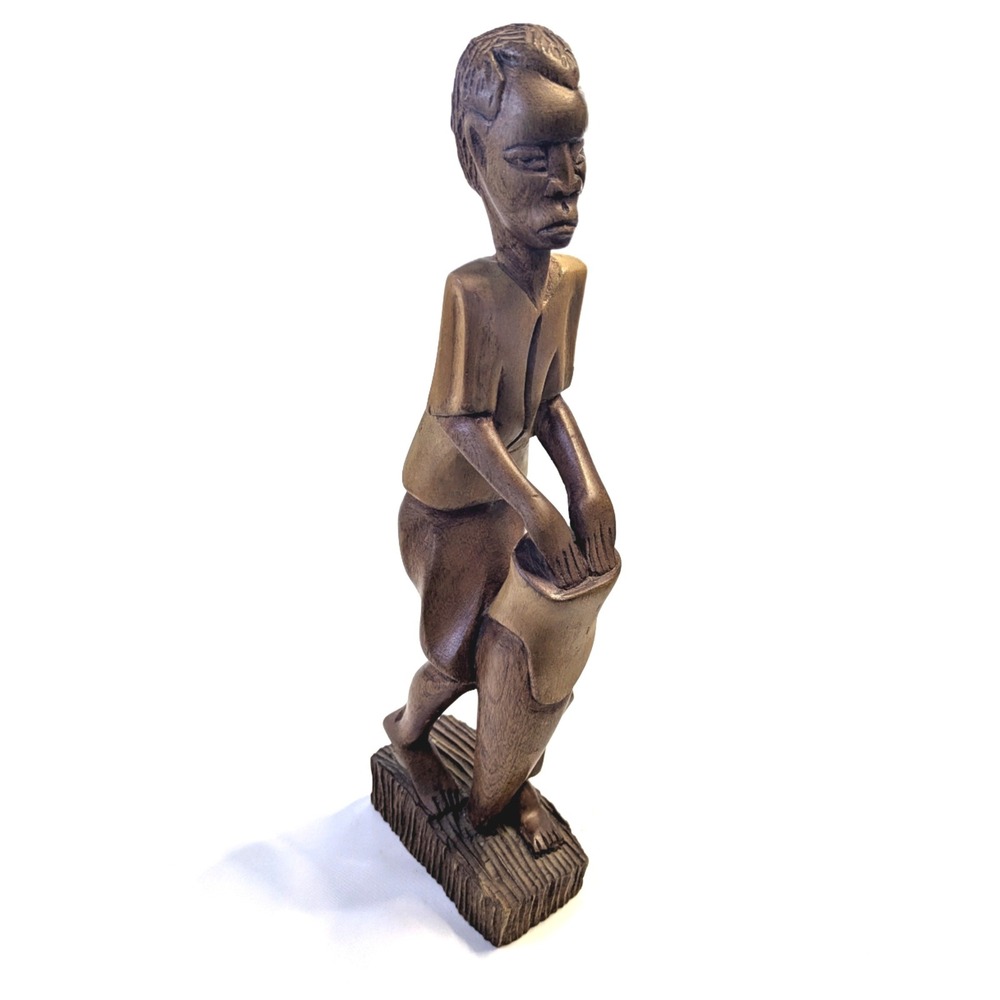 Vintage Hand Carved Wood Man Playing Drum Sculpture Signed Merise African 14"